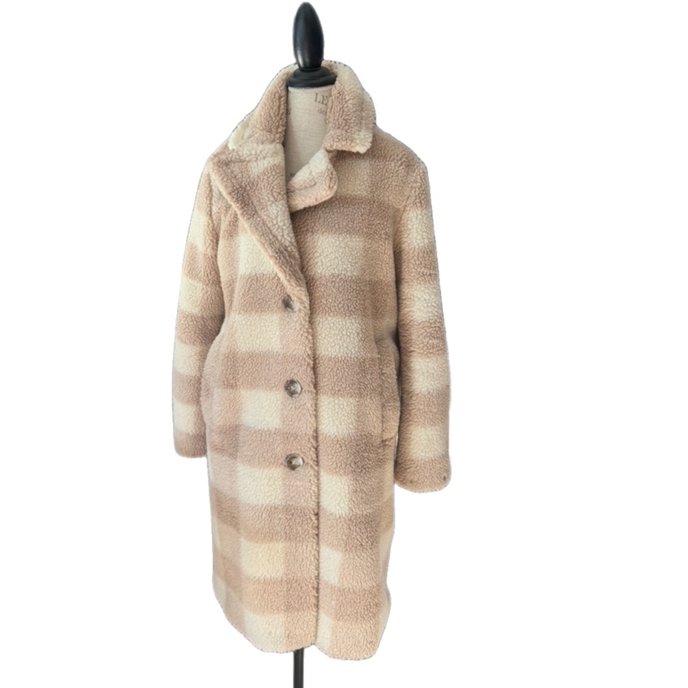 Bernardo Check Teddy Faux Fur coat beige plaid size small - Picture 2 of 5